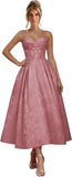 Jacquard Satin Prom Dresses for Women Strapless Tea Length Sweetheart Neck A-line Formal Party Dress with Pockets
