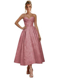 Jacquard Satin Prom Dresses for Women Strapless Tea Length Sweetheart Neck A-line Formal Party Dress with Pockets