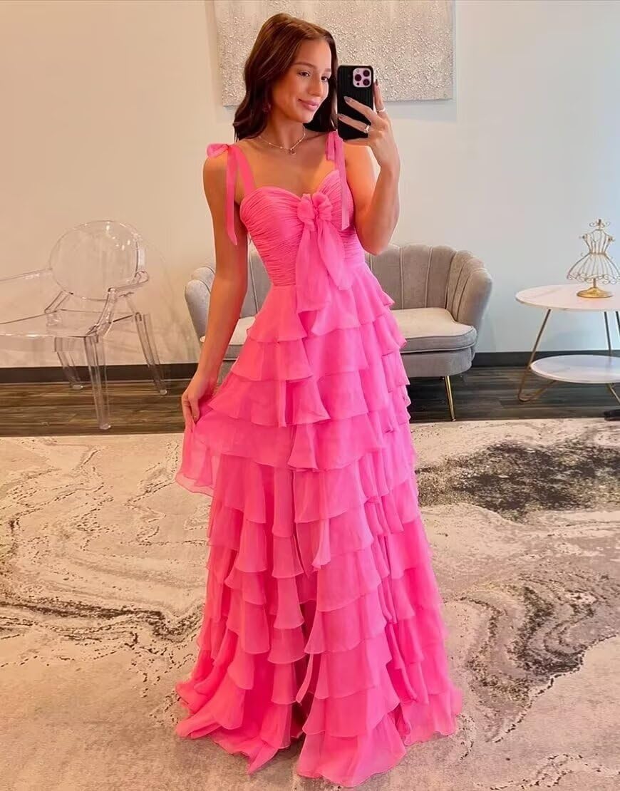 Tiered Prom Dresses with Bow Long A-Line Chiffon Formal Evening Dress for Women Spaghetti Straps Slit Ball Gown