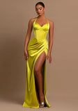 Women's Satin Halter Prom Dresses with Slit Ruched Long Corset Formal Evening Party Gown