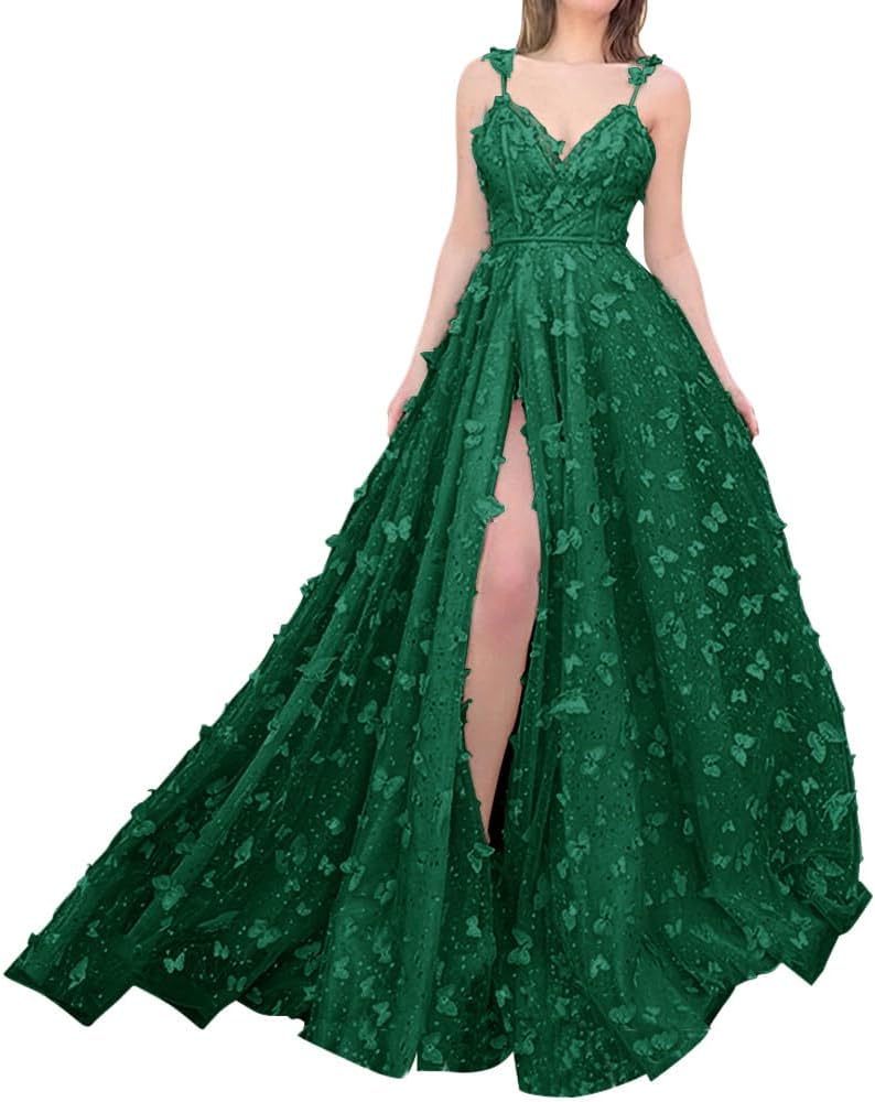 Sparkly Prom Dresses for Teens 2027 3D Butterfly Tulle Spaghetti Straps Long Slit Backless Party Gowns
