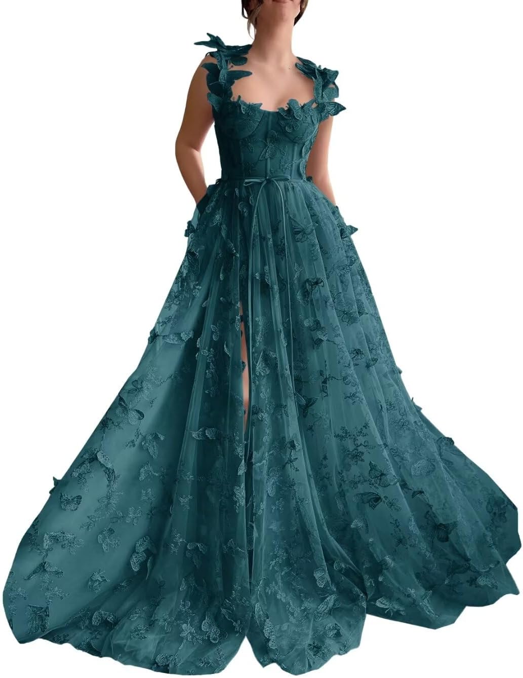 Vestidos de fiesta largos de tul con mariposas 3D para adolescentes, vestidos de fiesta formales de noche bordados con abertura 