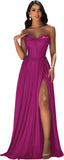 Strapless Prom Dress with Slit Satin A Line Long Ball Gowns for Women Sweetheart Corset Formal Dress with Pockets