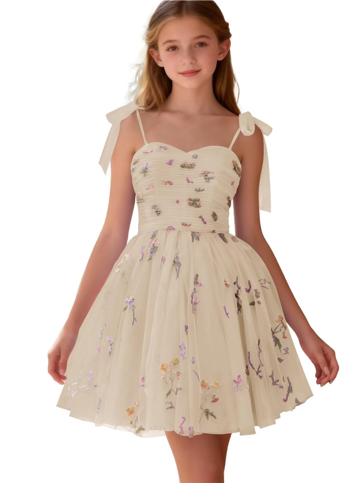 Floral Embroidery Junior Bridesmaid Dress Tulle Sweetheart Neck Girls Prom Dresses Fairy Short Formal Flower Girl Gown