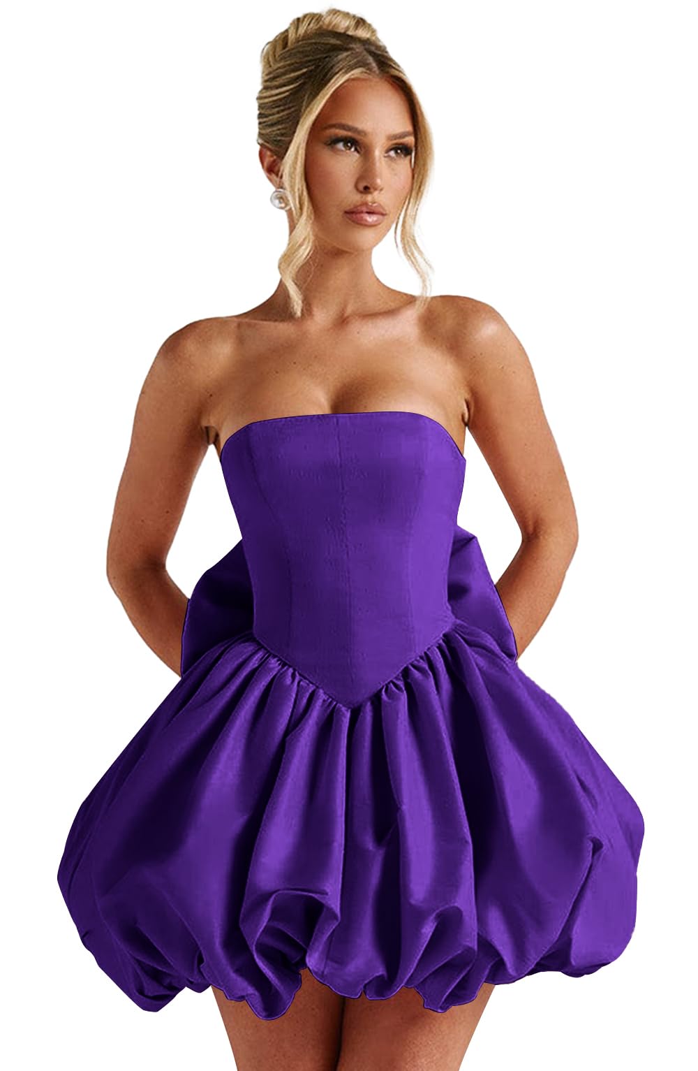 Satin Flower Bud Homecoming Dress Short Prom Dress with Bow Strapless A Line Mini Cocktail Party Gown