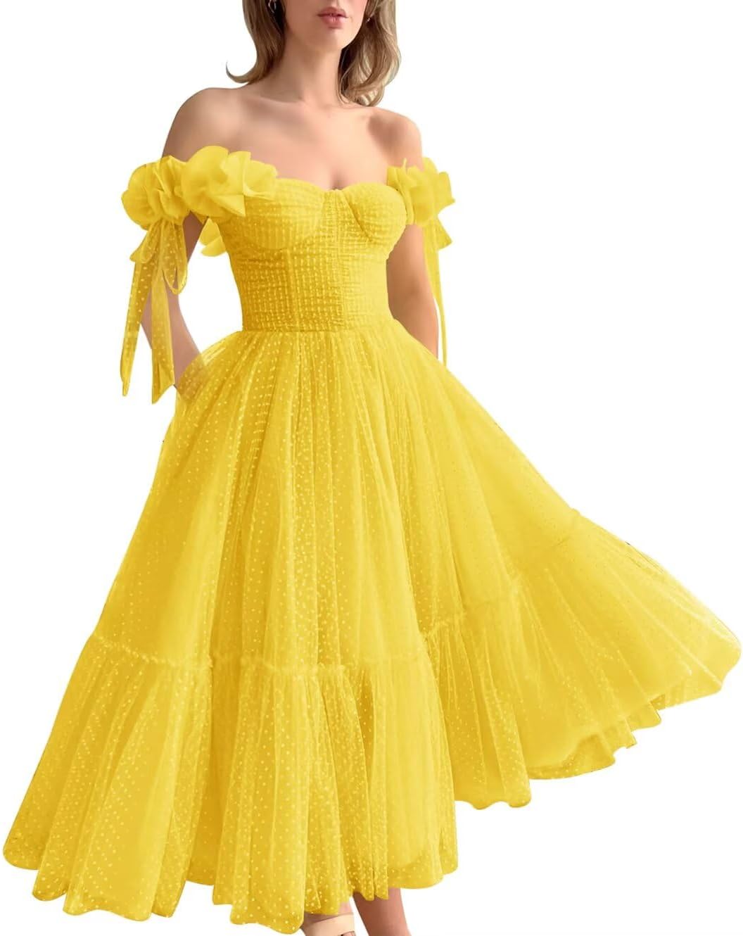 Dotted Tulle Off Shoulder Prom Dress for Women Sweetheart Midi Puffy Formal Party Gowns