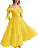 Dotted Tulle Off Shoulder Prom Dress for Women Sweetheart Midi Puffy Formal Party Gowns