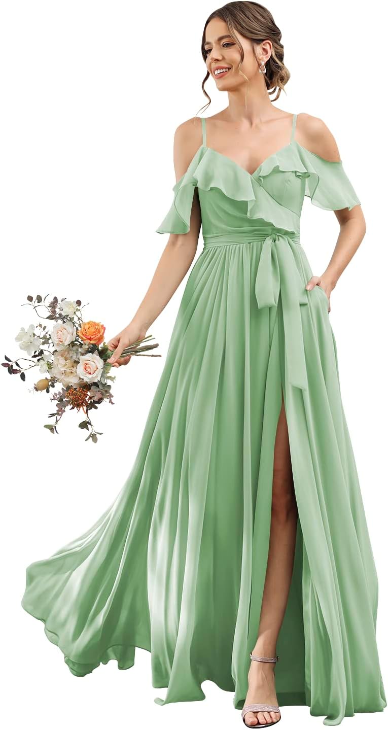 Women's Bridesmaid Dresses with Slit Long Cold Shoulder Chiffon Formal Party Dress with Pockets