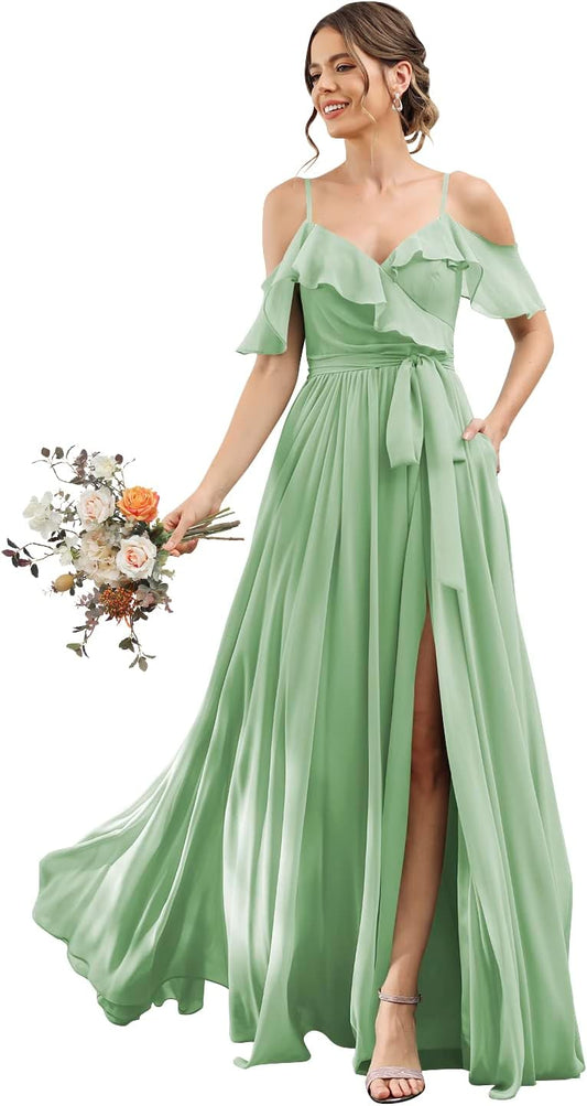 Women's Bridesmaid Dresses with Slit Long Cold Shoulder Chiffon Formal Party Dress with Pockets