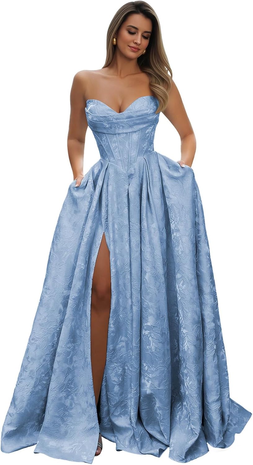 Strapless Prom Dress Jacquard Satin Ball Gown Pleated A Line Long Corset Formal Evening Dresses with Slit Pockets