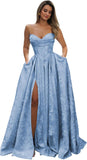Strapless Prom Dress Jacquard Satin Ball Gown Pleated A Line Long Corset Formal Evening Dresses with Slit Pockets