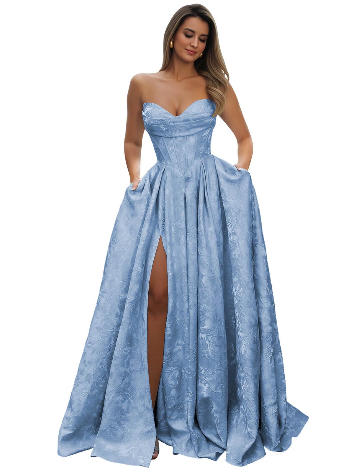 Strapless Prom Dress Jacquard Satin Ball Gown Pleated A Line Long Corset Formal Evening Dresses with Slit Pockets