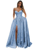 Strapless Prom Dress Jacquard Satin Ball Gown Pleated A Line Long Corset Formal Evening Dresses with Slit Pockets