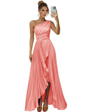 One Shoulder Bridesmaid Dresses for Women Satin Pleated Long A Line Formal Prom Evening Party Dress with Slit