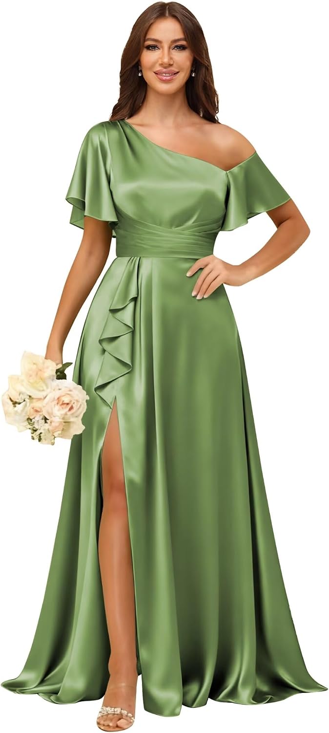 Short Sleeve Satin Bridesmaid Dresses for Women Ruffle One Shoulder Formal Evening Gowns with Slit