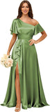 Short Sleeve Satin Bridesmaid Dresses for Women Ruffle One Shoulder Formal Evening Gowns with Slit