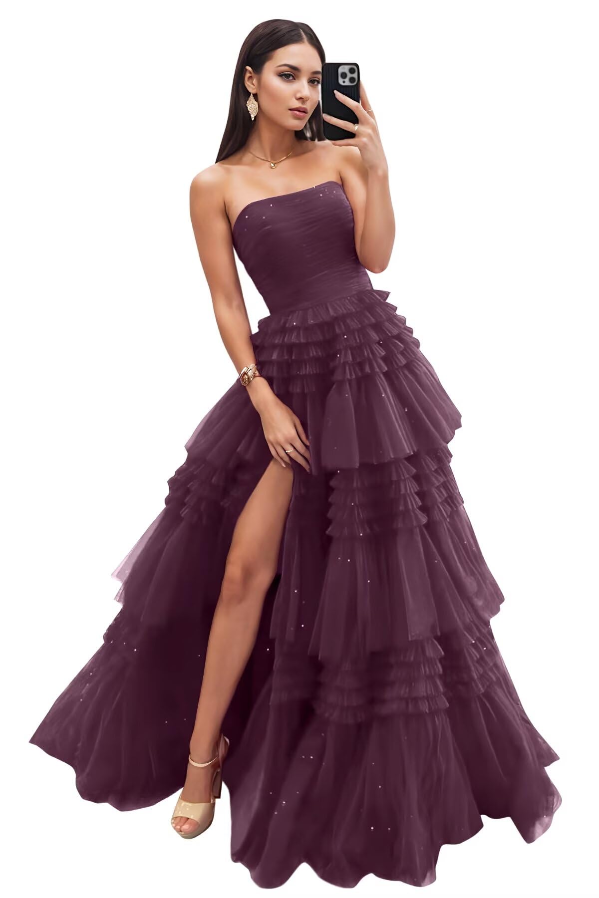 Strapless Tiered Tulle Prom Dresses for Women 2027 Long Sparkly A-Line Formal Evening Party Ball Gowns with Slit