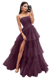 Strapless Tiered Tulle Prom Dresses for Women 2027 Long Sparkly A-Line Formal Evening Party Ball Gowns with Slit