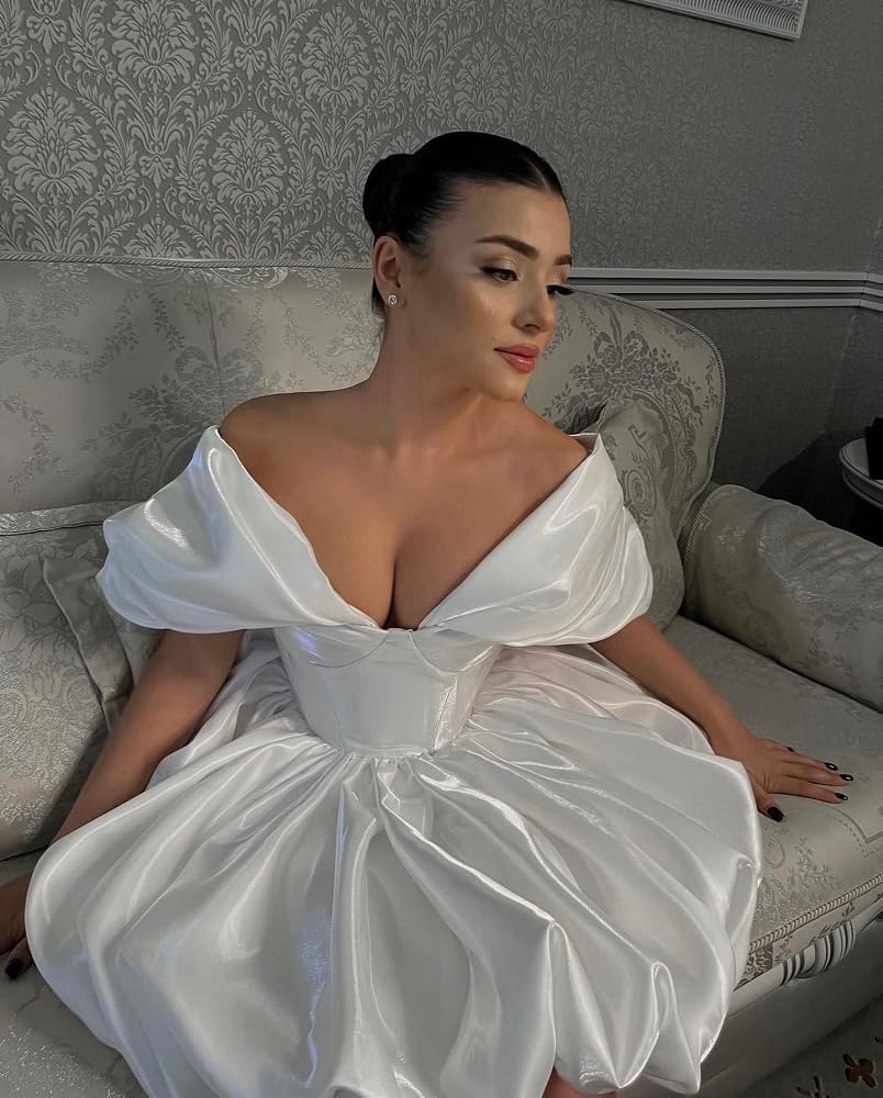 Off The Shoulder Short Wedding Dresses for Bride Puffy Satin Bridal Dresses w/Pockets Strapless Formal Ball Gowns