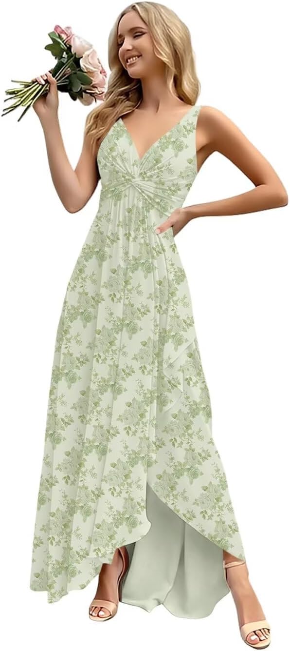 Women’s Long Bridesmaid Dresses Sleeveless V-Neck Formal Wedding Guest Chiffon Prom Gowns for Teens