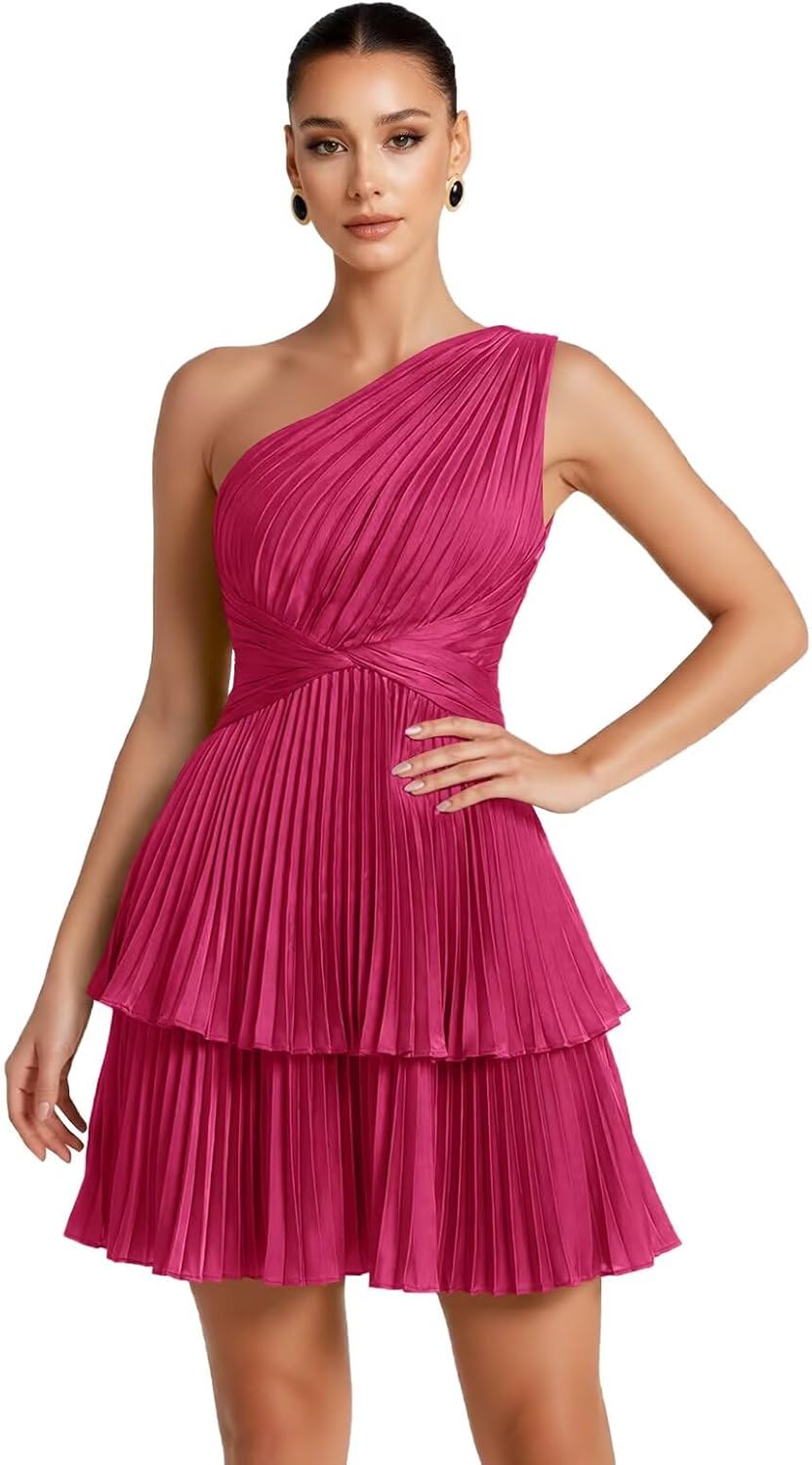 One Shoulder Satin Homecoming Dresses for Teens 2026 Short A-line Prom Dress Pleated Tiered Cocktail Party Gowns