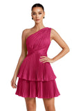 One Shoulder Satin Homecoming Dresses for Teens 2026 Short A-line Prom Dress Pleated Tiered Cocktail Party Gowns