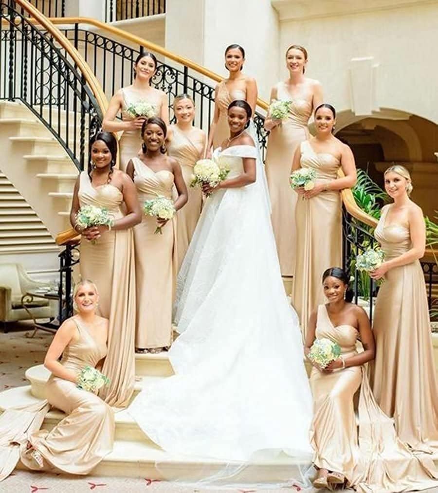 Women's One Shoulder Mermaid Bridesmaid Dresses Long Ruched Bodycon Satin Formal Prom Gowns