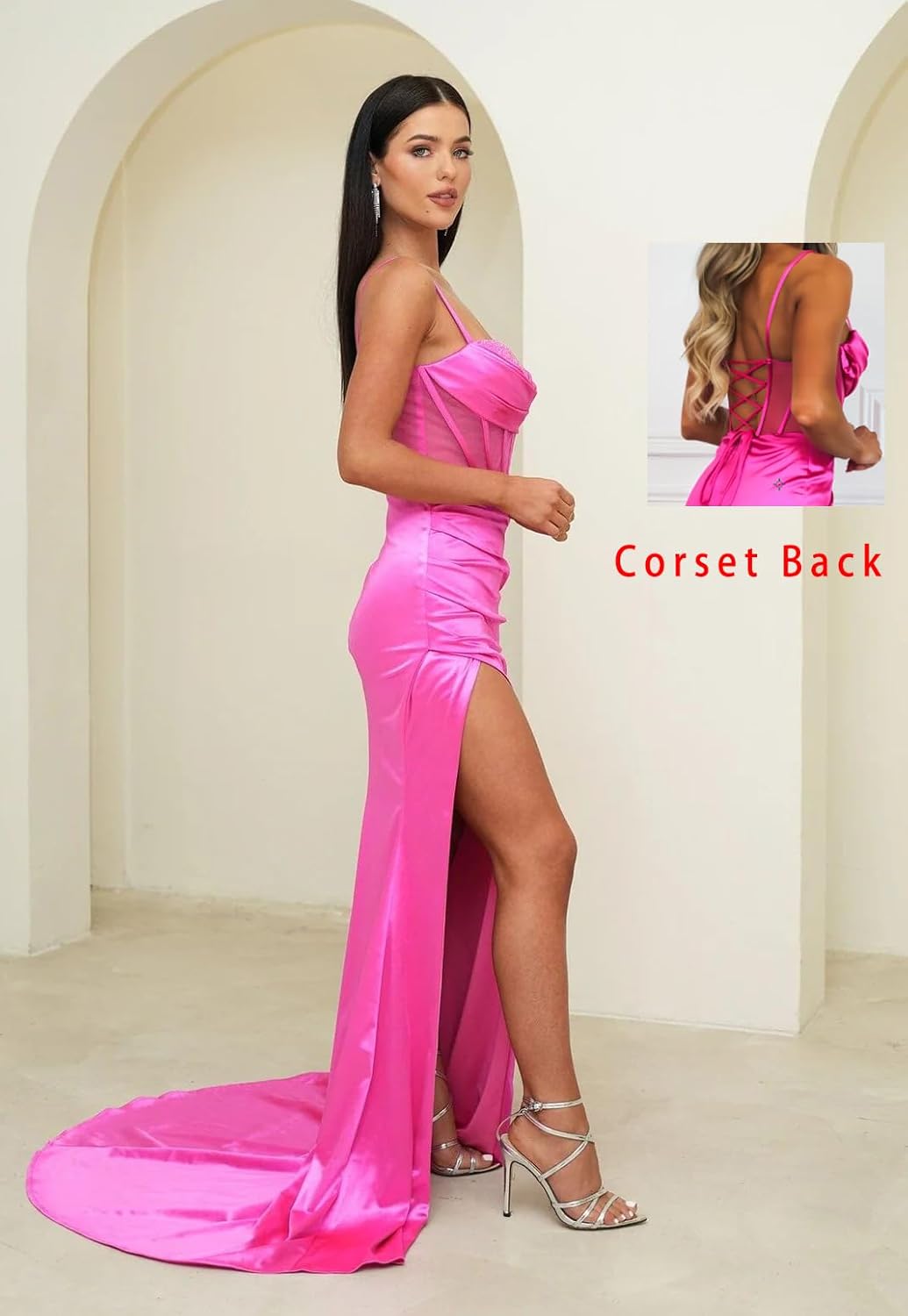 Ballkleider mit Wasserfallausschnitt, langen Spaghettiträgern, Illusion-Meerjungfrauen-Korsett, formelles Abendkleid mit Schlitz 