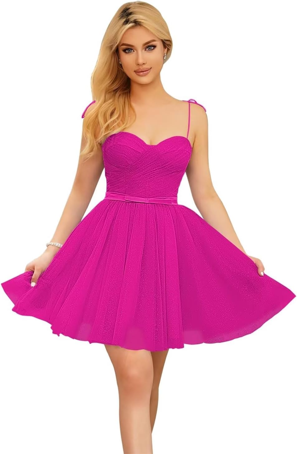 Vestidos cortos de tul brillante para adolescentes, con tirantes finos y corte en A, para fiesta de graduación.
