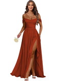 Women's Long Chiffon Bridesmaid Dresses with Slit Off Shoulder A-Line Formal Prom Evening Gown Maxi Wedding Guest Dress