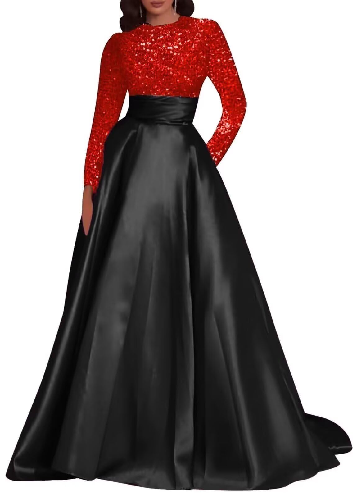 Kingbridal Gowns Long Sleeve Sequin Prom Dresses for Women Satin A-line Formal Dress 2026 Sparkly Evening Party Gowns with Pockets