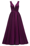 Glitter Satin Prom Dresses for Women Long V Neck A-Line Pleated Formal Evening Party Gowns with Pockets