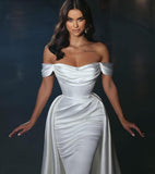 Mermaid Satin Prom Dresses for Women 2027 Long Off Shoulder Ruched Corset Formal Evening Dress Detachable Train