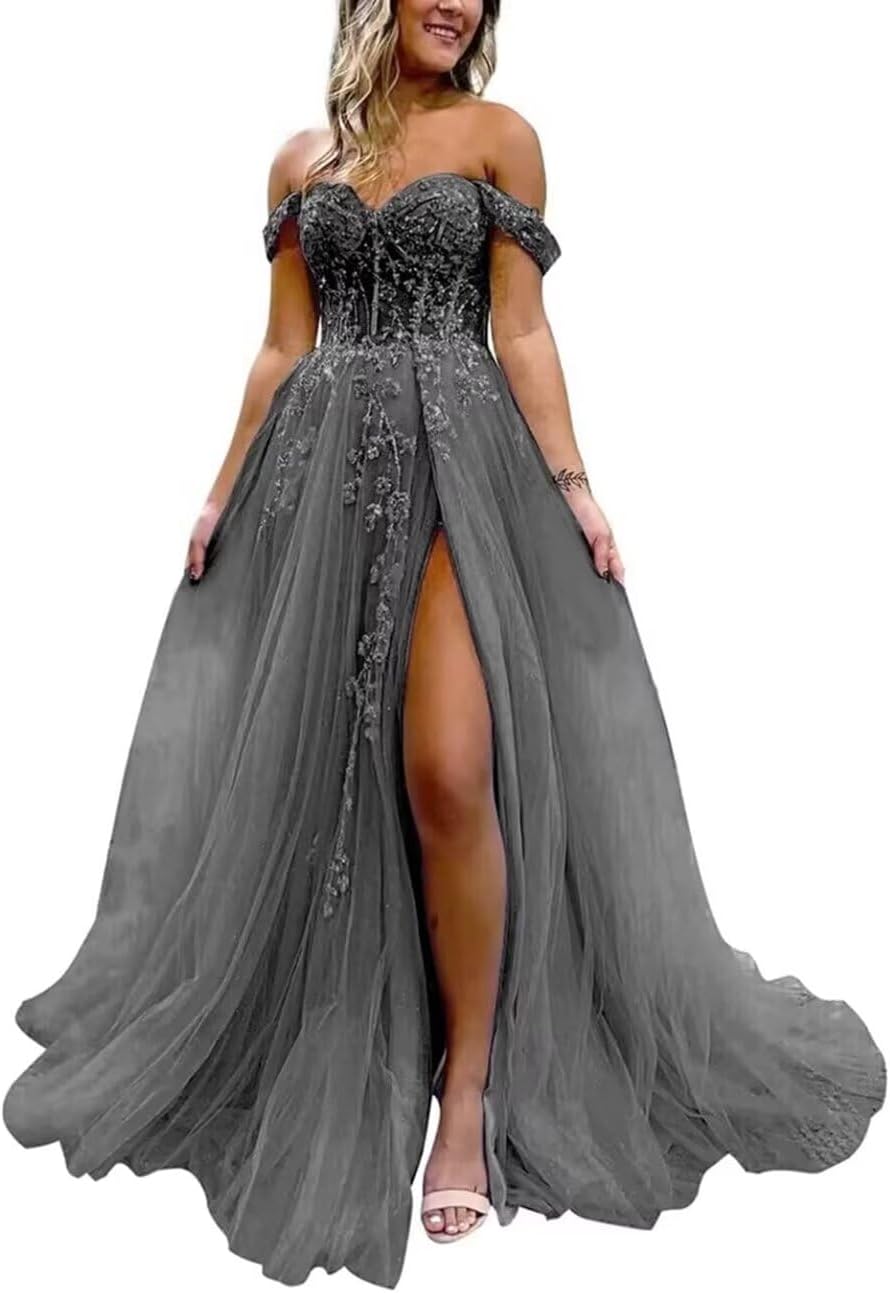 Off The Shoulder Tulle Prom Dress with Laces Applique A-line Slit Long Ball Gowns Glitter Formal Evening Dress