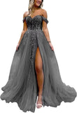 Off The Shoulder Tulle Prom Dress with Laces Applique A-line Slit Long Ball Gowns Glitter Formal Evening Dress