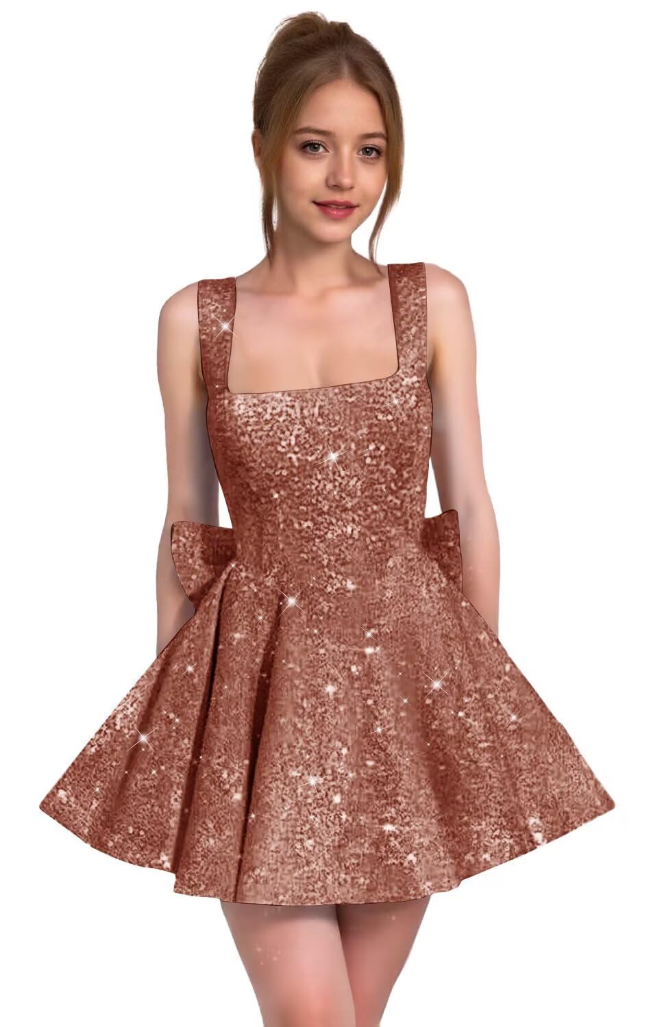 Sparkly Sequin Homecoming Dresses for Teens Short Prom Dress Square Neck Bow Formal Cocktail Gowns with Pockets