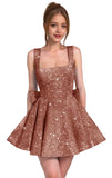 Sparkly Sequin Homecoming Dresses for Teens Short Prom Dress Square Neck Bow Formal Cocktail Gowns with Pockets