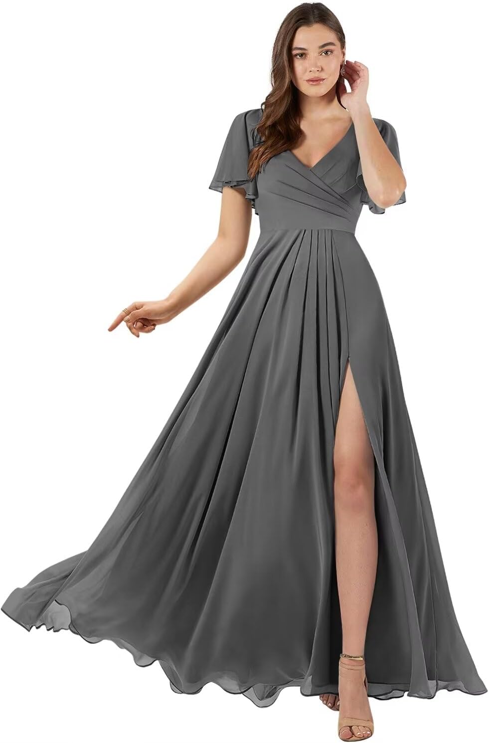 Damen Brautjungfernkleider mit Flatterärmeln, lang, mit Schlitz, V-Ausschnitt, Chiffon, formelle Kleider 