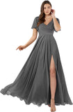 Damen Brautjungfernkleider mit Flatterärmeln, lang, mit Schlitz, V-Ausschnitt, Chiffon, formelle Kleider 