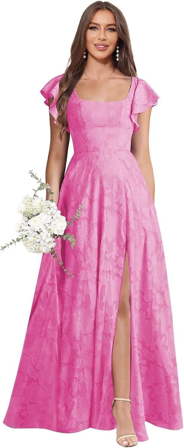 Floral Bridesmaid Dresses for Women Long A-Line Square Neck Lace Formal Evening Gown with Sleeves Slit