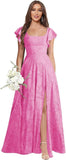Floral Bridesmaid Dresses for Women Long A-Line Square Neck Lace Formal Evening Gown with Sleeves Slit