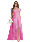 Floral Bridesmaid Dresses for Women Long A-Line Square Neck Lace Formal Evening Gown with Sleeves Slit