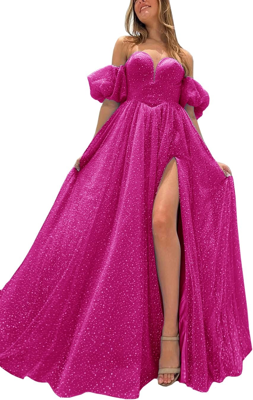 Tulle Prom Dresses for Women 2027 Sparkly Puffy Sleeves Long Ball Gowns with Slit A-Line Evening Dresses