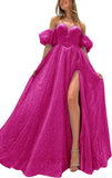 Tulle Prom Dresses for Women 2027 Sparkly Puffy Sleeves Long Ball Gowns with Slit A-Line Evening Dresses