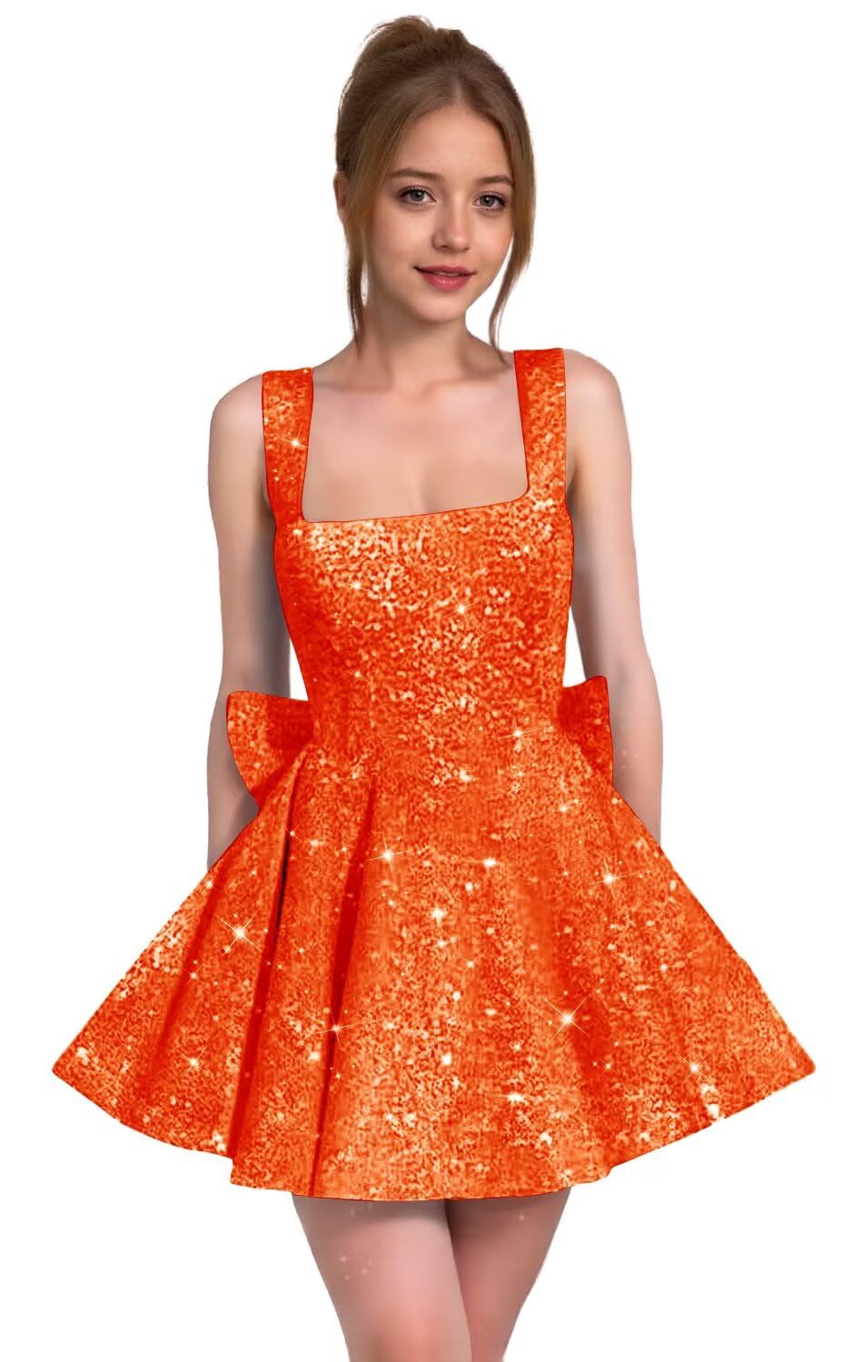 Sparkly Sequin Homecoming Dresses for Teens Short Prom Dress Square Neck Bow Formal Cocktail Gowns with Pockets