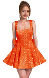 Sparkly Sequin Homecoming Dresses for Teens Short Prom Dress Square Neck Bow Formal Cocktail Gowns with Pockets