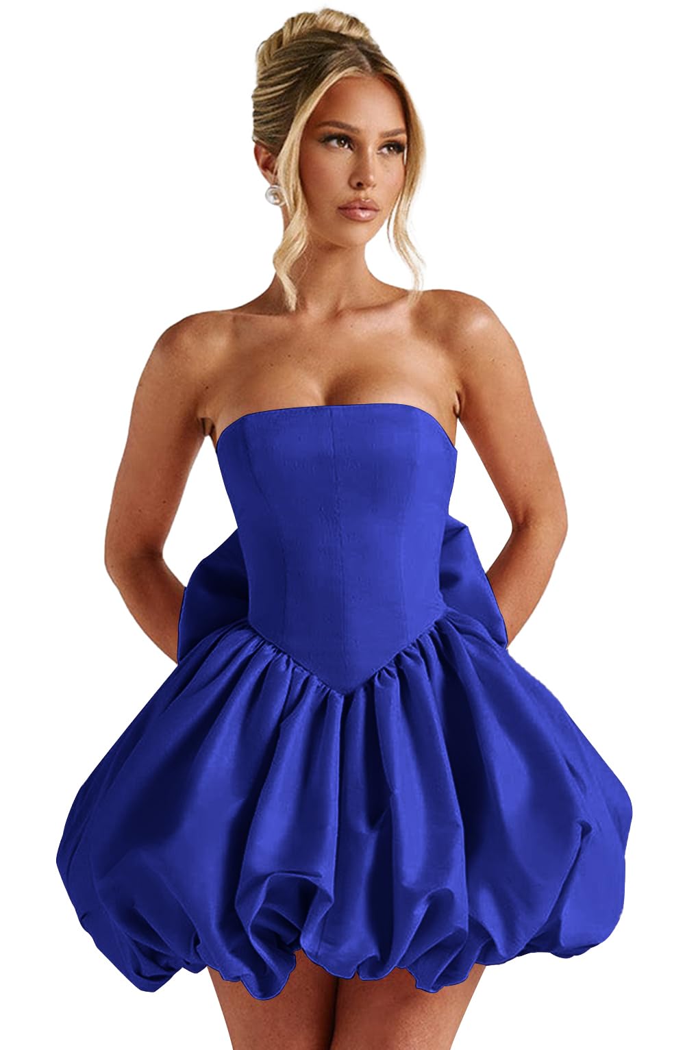 Satin Flower Bud Homecoming Dress Short Prom Dress with Bow Strapless A Line Mini Cocktail Party Gown