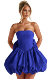 Satin Flower Bud Homecoming Dress Short Prom Dress with Bow Strapless A Line Mini Cocktail Party Gown