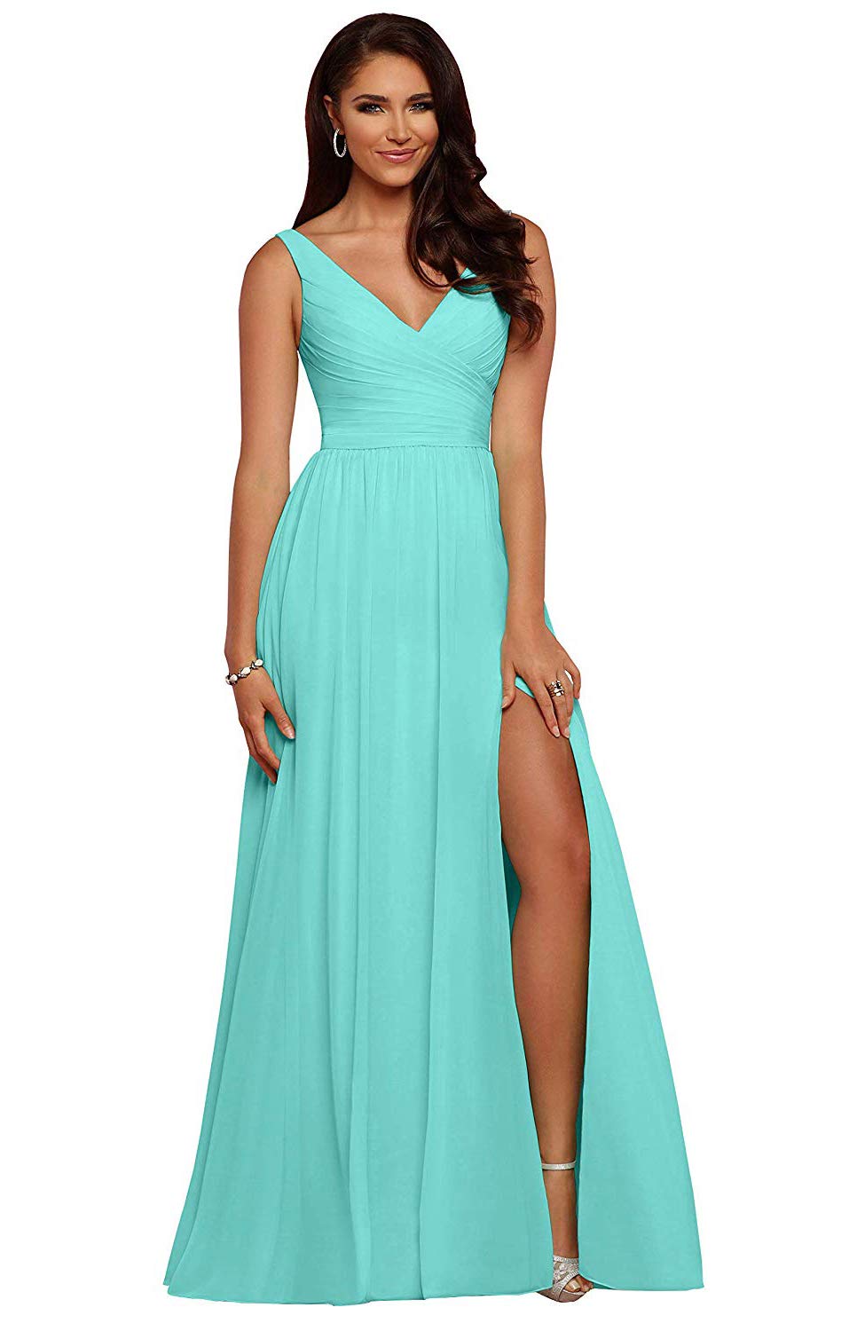 V Neck Chiffon Bridesmaid Dresses for Wedding 2027 Long Pleated Sleeveless Formal Prom Evening Gowns with Slit