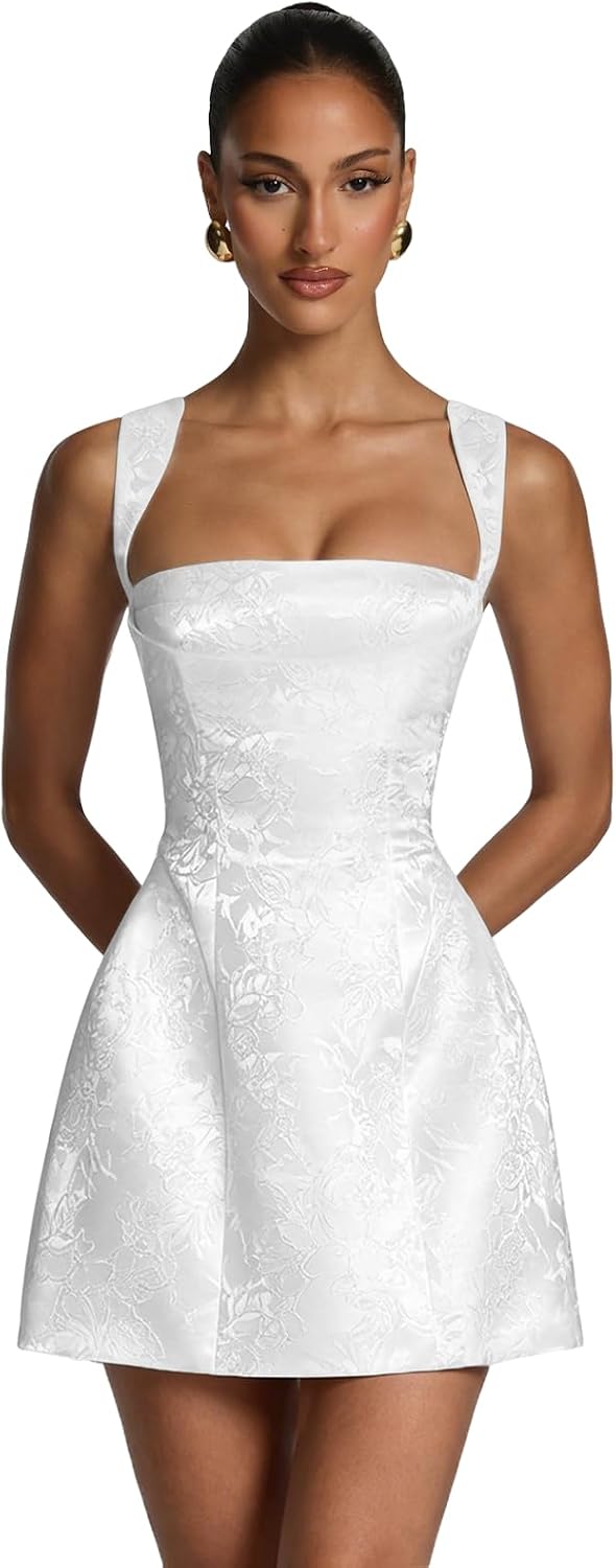Short Satin Homecoming Dress Square Neck Floral Jacquard Corset Mini Formal Evening Cocktail Gown for Teens